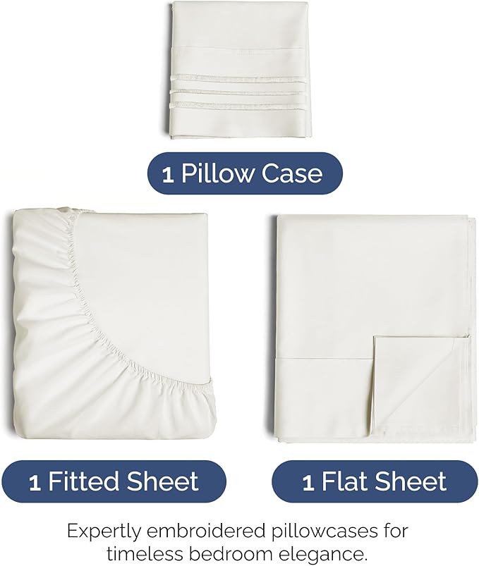 Twin Size 3 Piece Sheet Set - Extra Soft, Breathable & Cooling - Hotel Luxury Durable Bed Sheets for Women & Men - Deep Pockets, Easy-Fit & Wrinkle-Free - Antique White Oeko-Tex