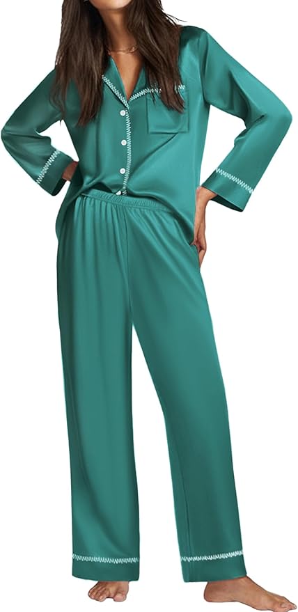 Ekouaer Satin Pajama Set for Women Silky Sleepwear Long Sleeve Top and Pants Button Down Pjs Lounge Set