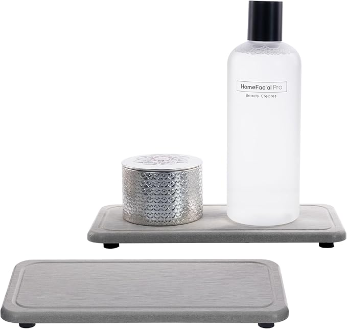 2 Pcs Water Absorbing Stone Trays, Kitchen/Bathroom Sink Soap Dish, Diatomite Tray Used for Hand Soap & Cosmetic Bottles in The Modern Home, 4" W x 8.3" L, Gray