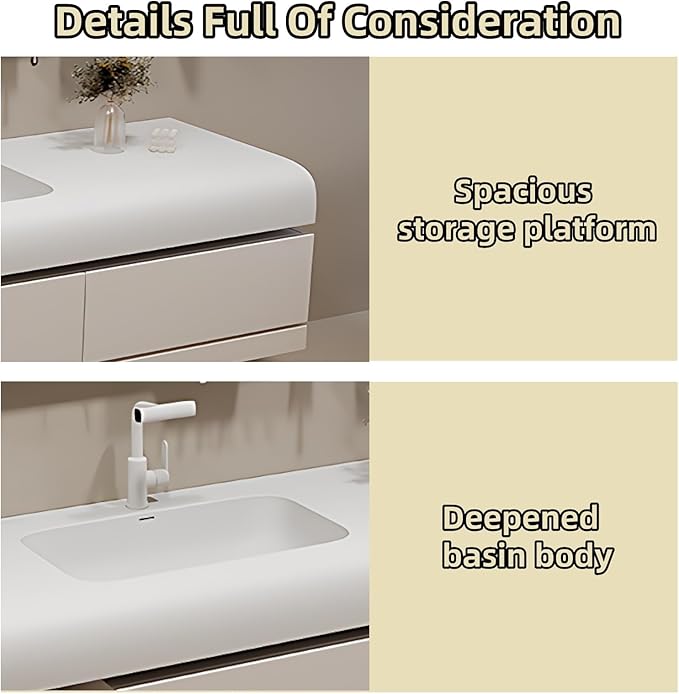 72IN Bathroom Vanity with Sink - Bathroom Cabinet Set has 2 Drawers & Overflow Hole Wall Mounted | LED Practical Defogging Mirror, Open Compartments, Seamless Rock Slab Basin (Cream White)