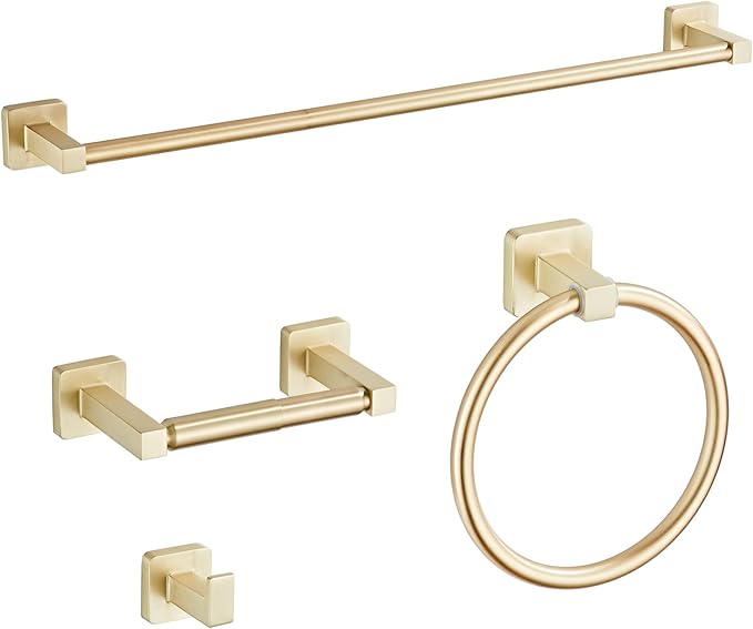 Brusehd Light Gold Bathroom Hardware Set 4 Pieces,Bathroom Accessories Set Stainless Steel Wall Mounted, Hand Towel Bar, Towel Ring, Robe Towel Hooks,Toilet Paper Holder,Towel Bar Set, 23.6 Inch…