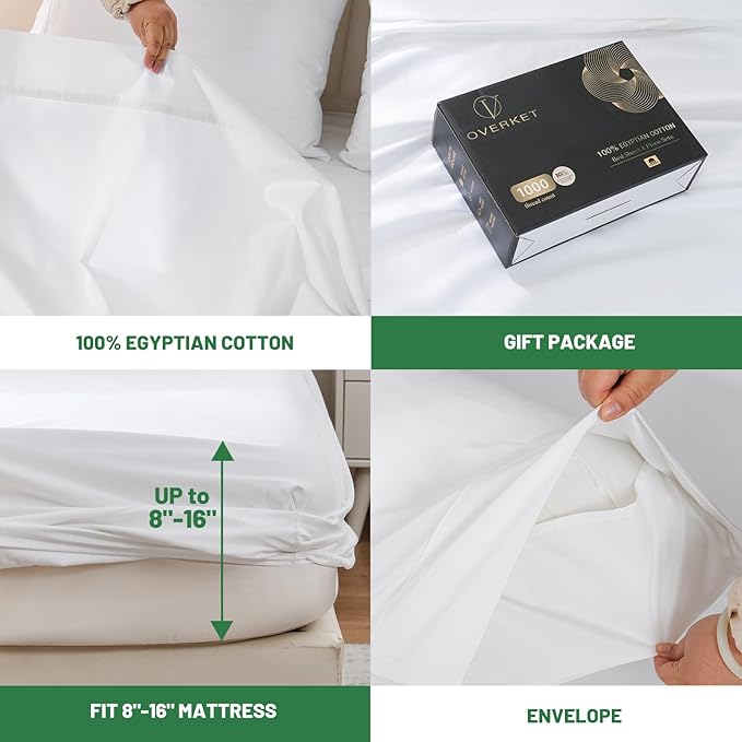 100% Egyptian Cotton Sheets King Size 1000 Thread Count Sateen Weave Soft Breathable 16-Inch Deep Pocket 4PCS（King,White）