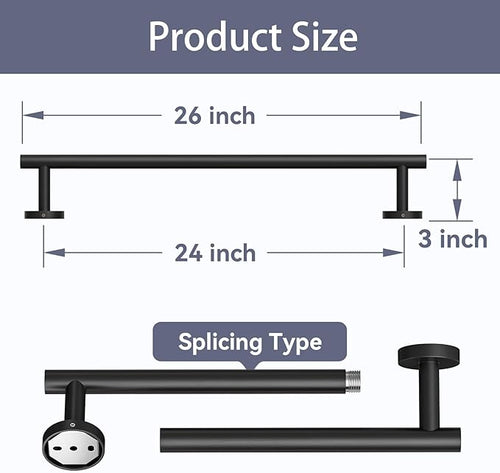 2 Pack Matte Black Towel Bar, 24 Inch Bathroom Towel Rack, Towel Holder Wall Mounted, Thicken SUS304 Stainless Steel Towel Rod Modern Home Decor (Total Length 26-Inch)
