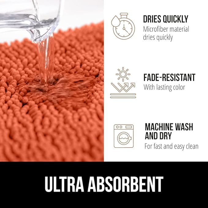 GORILLA GRIP Bath Rug Mat, Thick Soft Absorbent Chenille, Quick Dry Microfiber Mats, Rubber Backing Washable Shower Floor Rugs, Bathmat Runner, US Designed Bathroom Home Decor Accessories 24x17, Coral