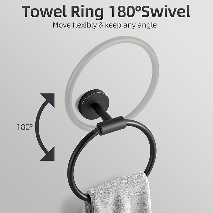 Matte Black Bathroom Hardware Accessories Set 5 Pieces, SUS304 Stainless Steel Bathroom Towel Bar Toilet Paper Holder Set Wall Mounted-19 Inch Towel Bar, Toilet Paper Holder, Towel Hooks, Towel Ring