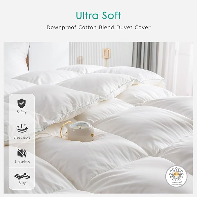 APSMILE Premium Down Feather Fibers Comforter King Size, All Season Duvet Insert King with 8 Corner Tabs, Ultra Soft Poly-Cotton Cover Down Feather Fibers Comforter (White, 106 * 90")