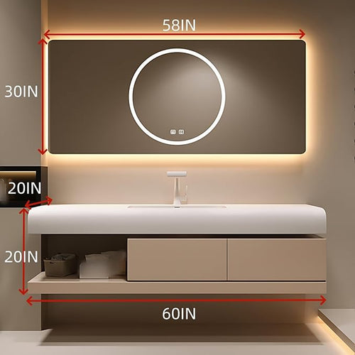 60IN Bathroom Vanity with Sink - Bathroom Cabinet Set has 2 Drawers & Overflow Hole Wall Mounted | LED Practical Defogging Mirror, Open Compartments, Seamless Rock Slab Basin (Khaki)