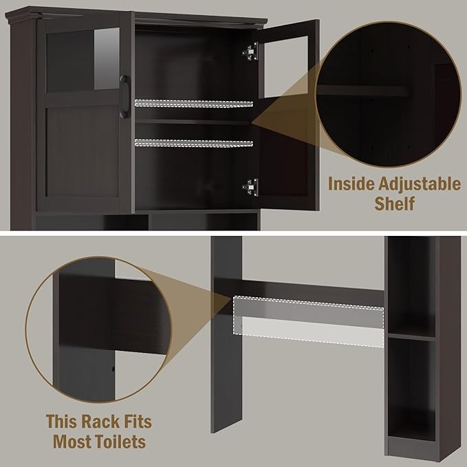 Over The Toilet Storage Cabinet, Storage Cabinet Over Toilet with Double Doors & Toilet Paper Holder Stand, Freestanding Toilet Shelf Space Saver with Anti-Tip Design & Adjustable Shelf, Espresso