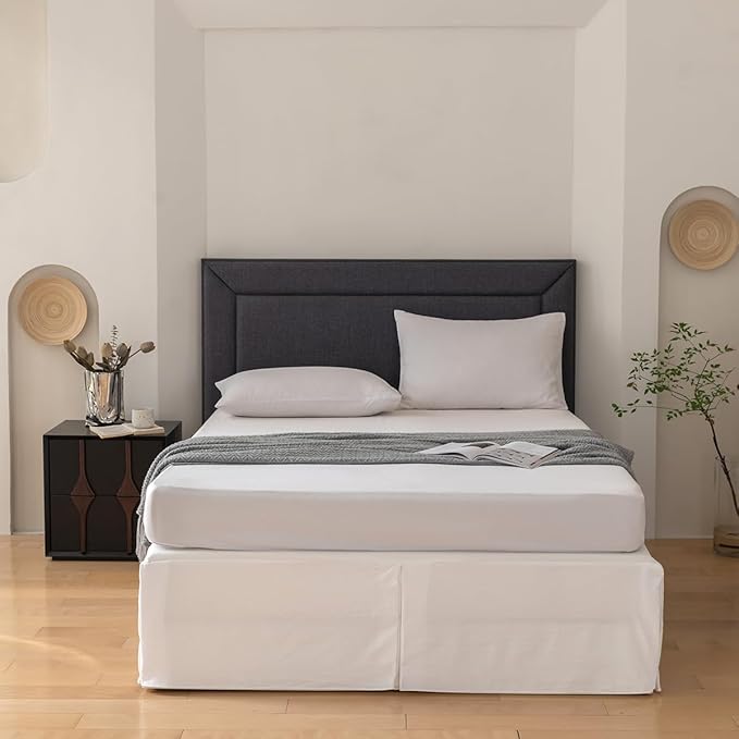 King Bed Skirt, Grid Plaid Soft Quadruple Pleated Ruffle Bed Skirt, Tailored Dust Ruffle 14 Inch Drop Easy Fit, Machine Washable (White)