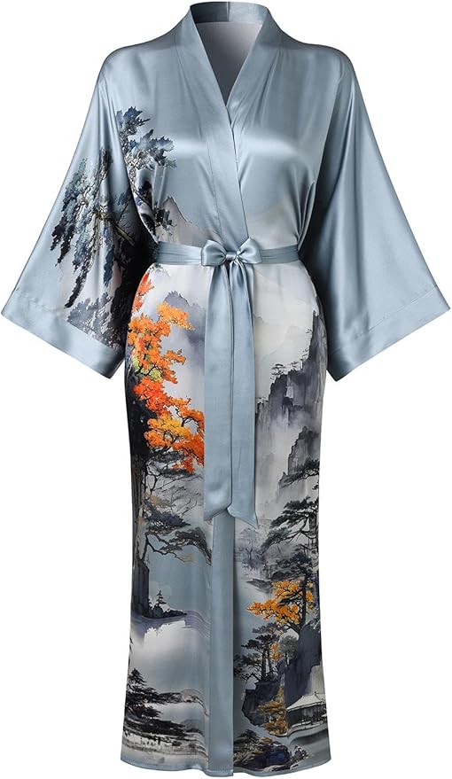 Women's Silk Kimono Robe Long Bathrobe Nightgown 100% Mulberry Silk for Women - Classic Floral Pattern