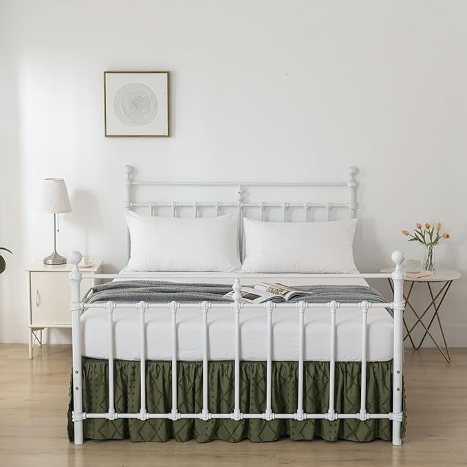 Bed Skirt Queen Size Ruffled Bed Skirt with Split Corners, 16 Inch Drop Dust Ruffle Bed Skirts with Platform, Boho Tufted Shabby Chic Queen Size Bed Skirts, Olive Green