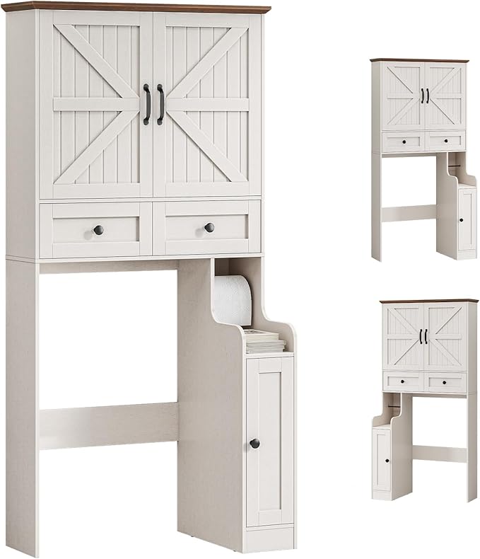 Over The Toilet Storage Cabinet, Storage Cabinet Over Toilet with Double Doors & Toilet Paper Holder Stand, Freestanding Toilet Shelf Space Saver with Anti-Tip Design & Adjustable Shelf, White
