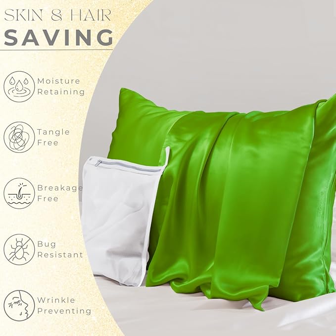 PROMEED 23 Momme Silk Pillowcase for Hair and Skin, Both Sides Upgraded Grade 6A+ Mulberry Silk Pillow Case with Zipper, Cooling Pillow Cases for Hot Sleepers (Standard 20"x26", Green)