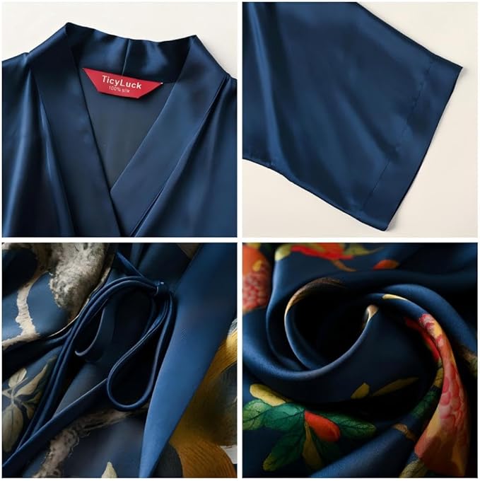 Women's Silk Kimono Robe Long Bathrobe Nightgown 100% Mulberry Silk for Women - Classic Floral Pattern