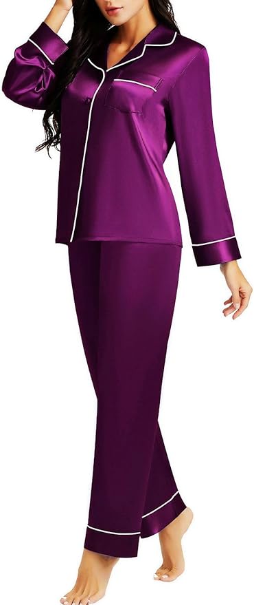 Lonxu Silk Satin Womens Pajama Sets Button Down Sleepwear Loungewear XS~3XL
