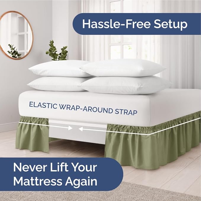 Wrap Around Dust Ruffle Bed Skirt - Sage Green - for King Size Beds w/ 14 Inch Drop - Easy Fit Elastic Strap - Adjustable Pleated Bedskirt with Brushed Fabric, Wrinkle Free Women, Men, Kids and Teens