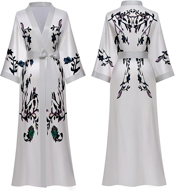 Silk Satin Robe for Women Long Japanese Kimono Robe Lightweight Soft Bathrobe Floral Luxury Dressing Gown