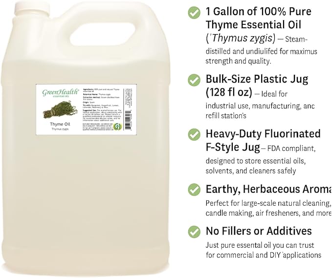 Thyme Essential Oil - 128 fl oz (1 Gallon) Plastic Bottle w/Cap - 100% Pure Essential Oil by GreenHealth