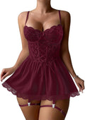 Lilosy Sexy Garter Belt Mesh Lace Babydoll Lingerie Dress Set with Thong