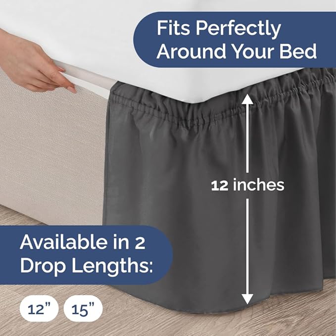 Wrap Around Dust Ruffle Bed Skirt - Charcoal - for King Size Beds w/ 12 Inch Drop - Easy Fit Elastic Strap - Adjustable Pleated Bedskirt w/Brushed Fabric - Wrinkle Free - for Women, Men, Kids & Teens