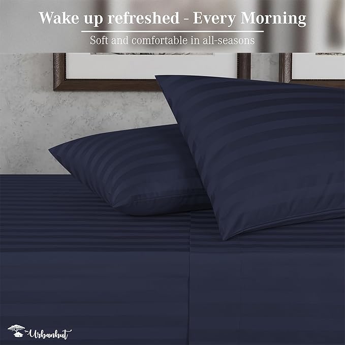 URBANHUT 1000 Thread Count Damask Striped Twin Size Egyptian Cotton Sheets, Long Staple Soft & Breathable, 4 Pc Bed Sheet Sets, Luxury Hotel Sateen Sheets Fits 16" Deep Pocket - Navy Blue