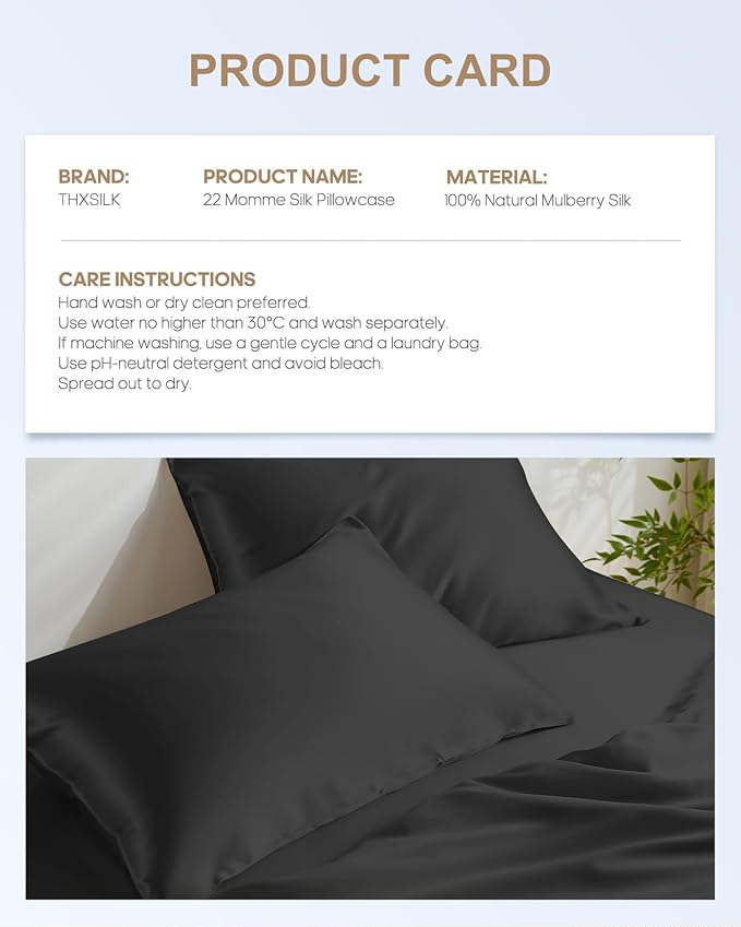 THXSILK Set of 2 Mulberry Silk Pillowcases - 100% Pure Mulberry Silk - 22 Momme 6A High-Grade Fibers - Pillowcases for Hair and Skin - King Size Silk Pillow Case with Hidden Zipper - Black