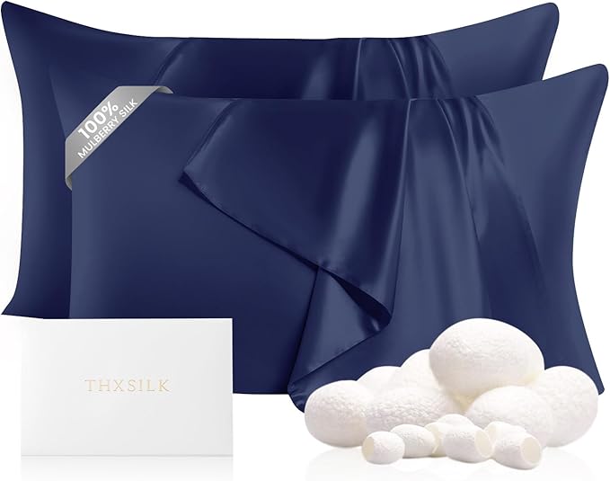 THXSILK Set of 2 100% Mulberry Silk Pillowcases for Hair and Skin, Grade 6A+ 22 Momme Mulberry Silk Pillow Case with Hidden Zipper, Soft Smooth Navy Blue Pillowcases(2pcs, Queen 20"x30")