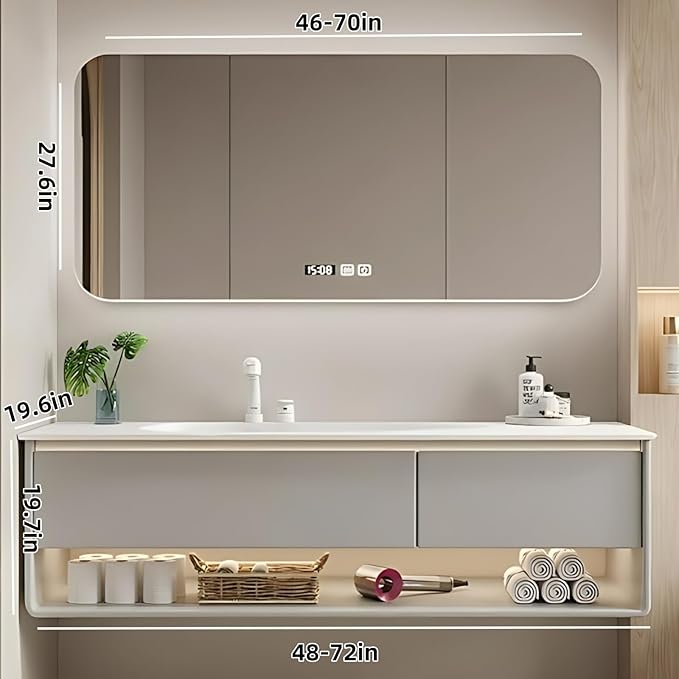 56IN Grey Bathroom Vanity Set - Floating Bathroom Vanity with Single Sink | Including LED Smart Defogging Mirror Cabinet & Time Display Function, Equipped with Motion Sensing Light Strip (Style A)