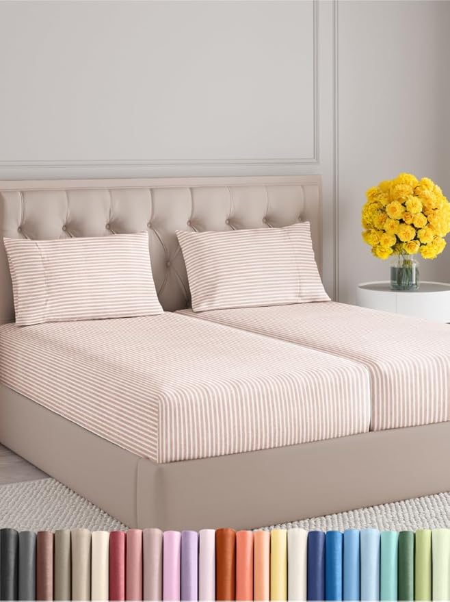 Split King Size 5 Piece Sheet Set - Extra Soft, Breathable & Cooling Sheets - Hotel Luxury Bed Sheets for Women & Men - Deep Pockets, Easy-Fit & Wrinkle-Free Sheets - Blush Stripes Oeko-Tex Bed Sheets