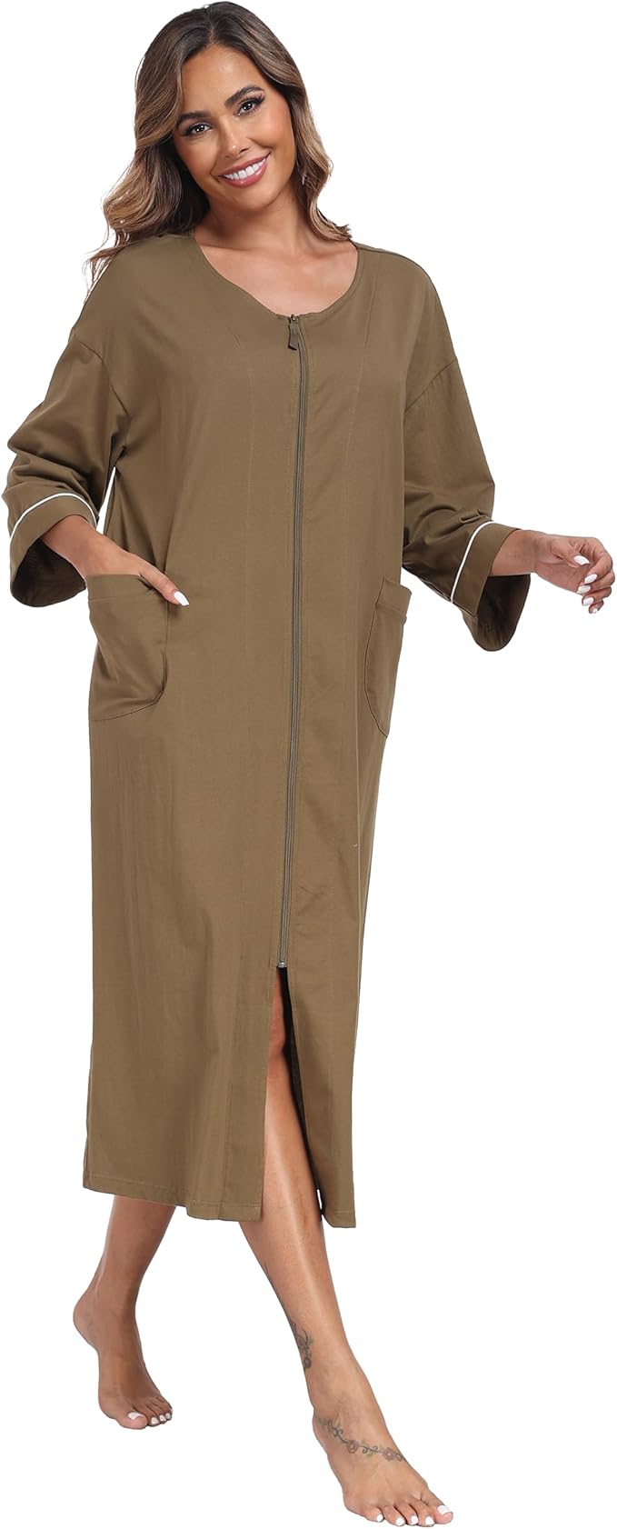 ANLIQI Women's 100% Cotton Robes Long Zipper Front House coats 3/4 Sleeve Bathrobes Lightweight Full Length Robe with Pockets