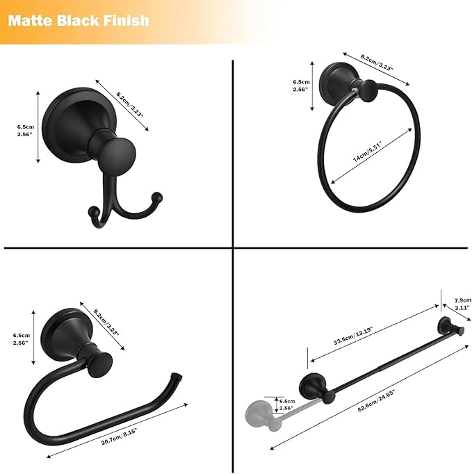 Hoimpro Matte Black 4-Piece Bathroom Bath Set, Wall Mount Bathroom Hardware Fixture (Adjustable Towel Bar Rack, Towel Ring Holder, Paper Towel Holder, Double Towel Hook), Bathroom Accessories
