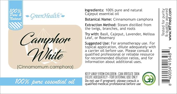 Camphor White Essential Oil - 128 fl oz (1 Gallon) Plastic Bottle w/Cap - 100% Pure Essential Oil by GreenHealth