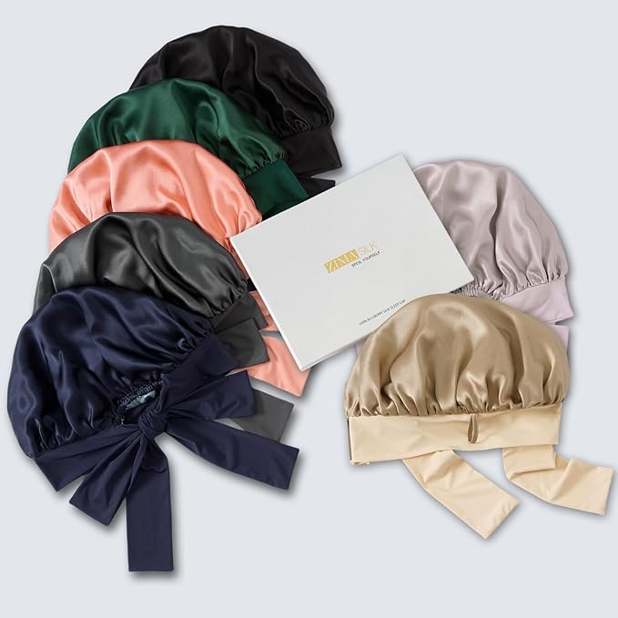 ZIMASILK 100% Mulberry Silk Bonnet for Sleeping Women Long Hair Double Layer Silk Hair Wrap with Tie Band Stay On Head (1Pc, Blackish Green)