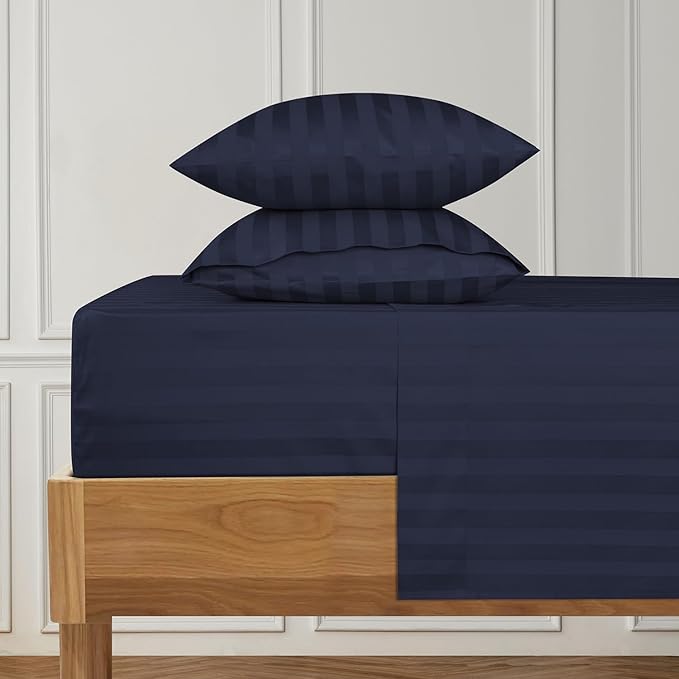 URBANHUT 1000 Thread Count Damask Striped Twin Size Egyptian Cotton Sheets, Long Staple Soft & Breathable, 4 Pc Bed Sheet Sets, Luxury Hotel Sateen Sheets Fits 16" Deep Pocket - Navy Blue