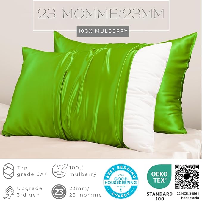 PROMEED 23 Momme Silk Pillowcase for Hair and Skin, Both Sides Upgraded Grade 6A+ Mulberry Silk Pillow Case with Zipper, Cooling Pillow Cases for Hot Sleepers (Queen 20"x30", Green)