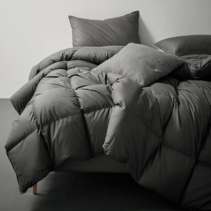 Royoliving Premium Feathers Down Duvet Insert Comforter King Size Charcoal Grey Heavyweight Thickened Winter 100% Cotton Cover with Corner Tabs (106x90, 70 oz)