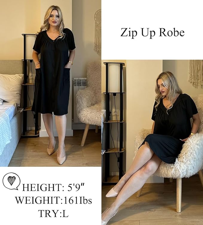 Ekouaer Women Robe Zipper Front Mumu Duster Robes Zip Up Housecoat Soft Sleepwear with Pockets S-3XL