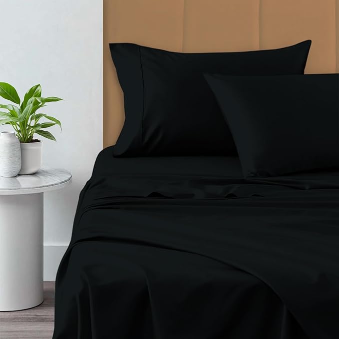 Pizuna Pure 100% Cotton Crisp Sateen Sheets King Size - 800 Thread Count, Long Staple Cotton - 15" Deep Pocket - Combed Black Cotton Sheets King