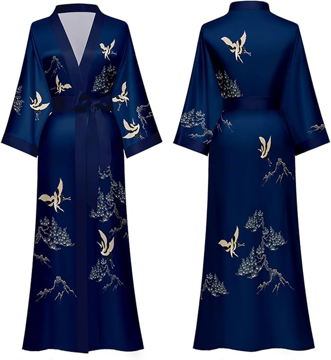 Silk Satin Robe for Women Long Japanese Kimono Robe Lightweight Soft Bathrobe Floral Luxury Dressing Gown