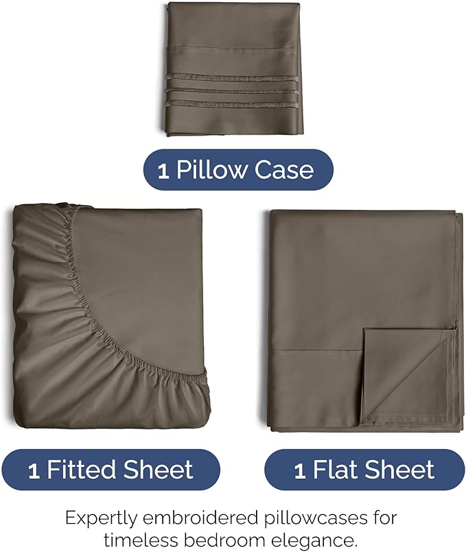 Twin Size 3 Piece Sheet Set - Extra Soft, Breathable & Cooling Sheets - Hotel Luxury Durable Bed Sheets for Women & Men - Deep Pockets, Easy-Fit & Wrinkle-Free Sheets - Taupe Brown Oeko-Tex Bed Sheets