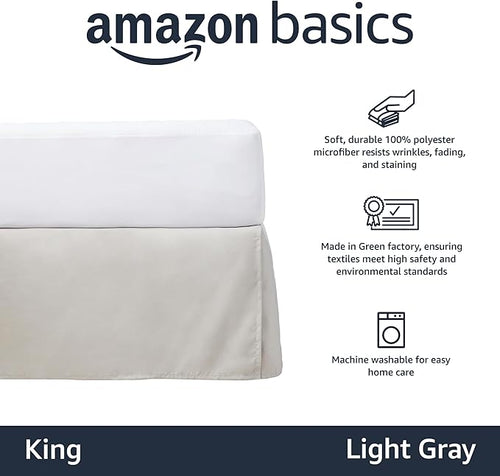 Amazon Basics Lightweight Pleated King Size Bed Skirt, Fade Resistant, Machine Washable, King, Light Grey, Solid
