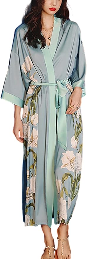 Silk Satin Robe for Women Long Japanese Kimono Robe Lightweight Soft Bathrobe Floral Luxury Dressing Gown