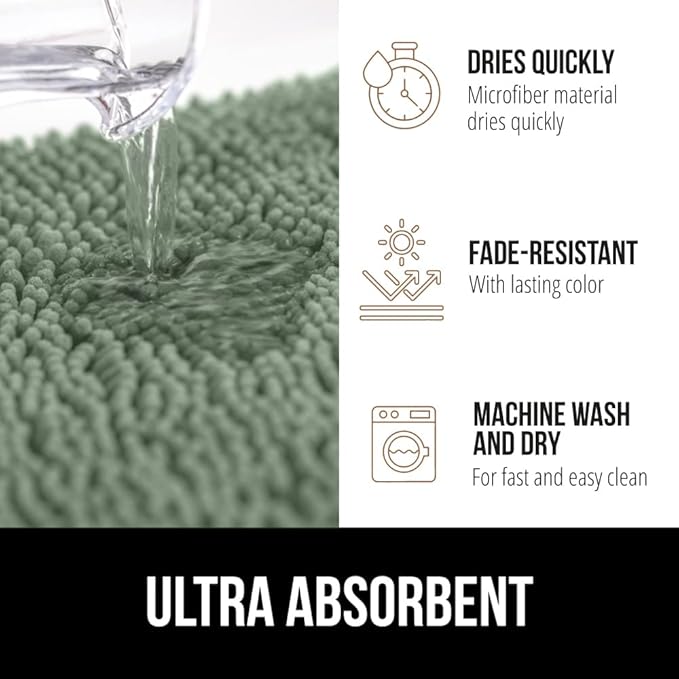 GORILLA GRIP Bathroom Rug Sets 3 Piece, Bath Mat Set and Oval Toilet Base with Rubber Backing, Plush Absorbent Shaggy Chenille Washable Mats, Includes 24x19.5, 24x17 and 36x24 Inch Rugs, Sage