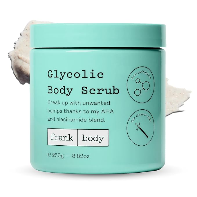 frank body Glycolic Acid Body Scrub | Fights KP & Breakouts, Spots & Tighten Pores | Reduces Acne with Niacinamide & Soothes with Witch Hazel | Glycolic Acid & Pumice | 8.82 oz | Pack of 1