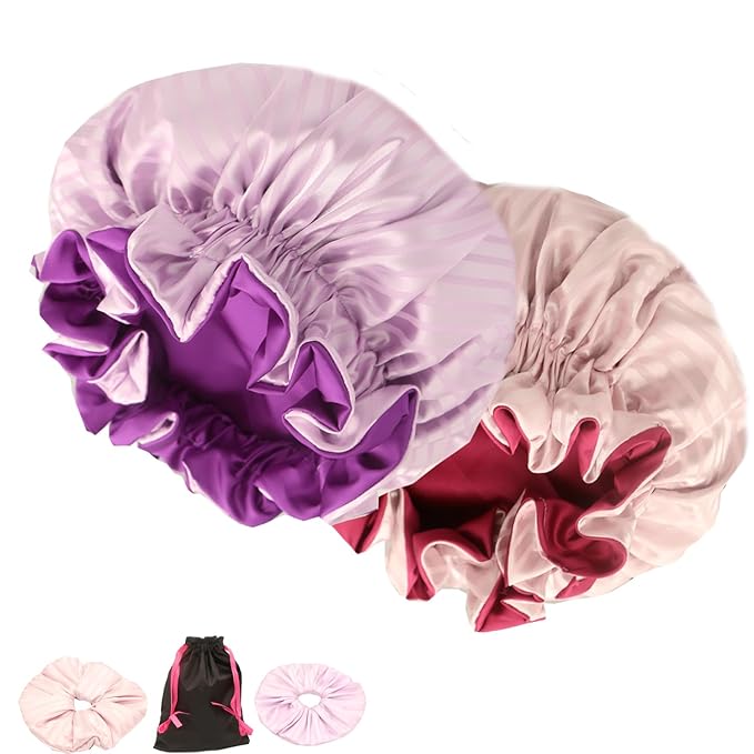 Satin bonnet 2Pcs silk hair bonnet cap for women reversible for sleeping Adjustable Night sleep cap for curly natural hair double-layer Washable Can Be Used Shower (Pink &Purple stripe)
