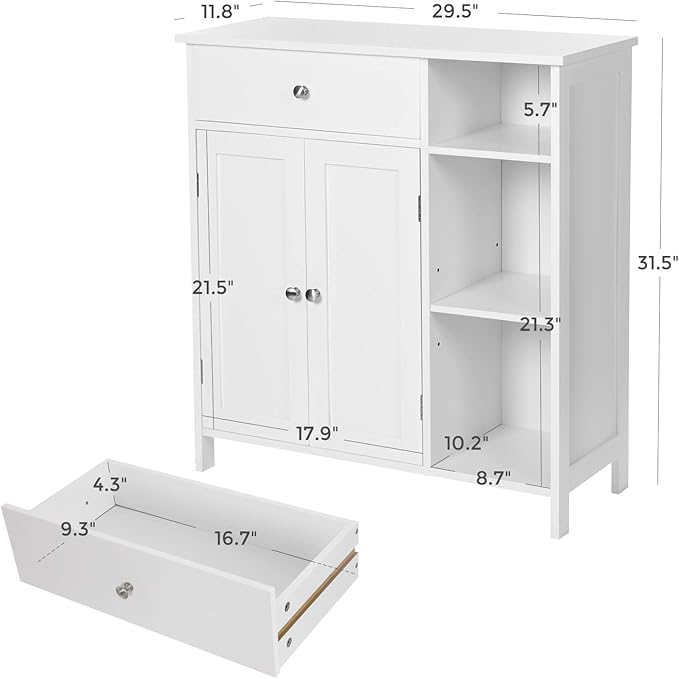 VASAGLE Floor Storage Cabinet with Drawer, Freestanding Cabinet with Doors, 3 Open Compartments, Adjustable Shelves, 11.8 x 29.5 x 31.5 Inches, for Bathroom, Living Room, Cloud White UBBC142W01