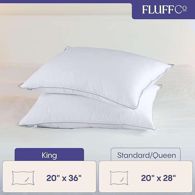 FluffCo Down Alternative Pillows King Size Set of 2 - King Bed Pillows for Sleeping - Made in USA - Cooling Surface and Machine Washable for Side, Back, and Stomach Sleepers - Gift for Home