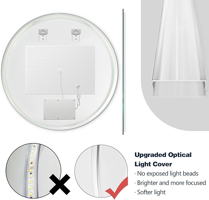 Niccy Round Led Mirror for Bathroom, 32" Circle Frameless Backlit Mirror wiht Light, Anti-Fog, 3 Colors, Waterproof, Memory Function