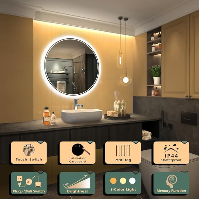 KWW Round Mirror Bathroom LED Lighted Mirror, Illuminated Dimmable Anti-Fog Wall-Mounted Makeup Vanity Mirror with Lights (27.5" L x 27.5" W)
