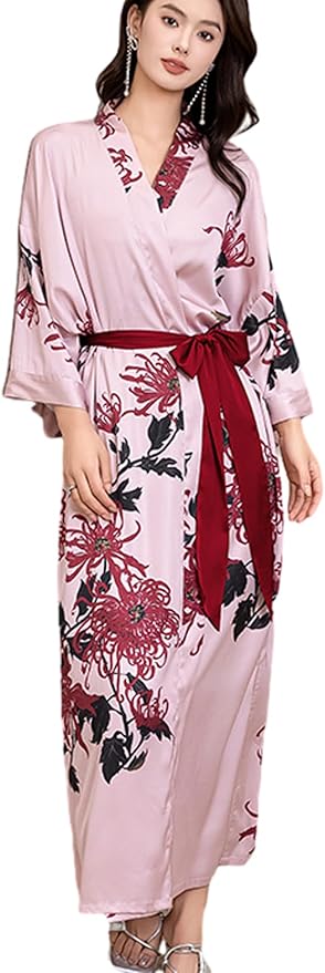 Silk Satin Robe for Women Long Japanese Kimono Robe Lightweight Soft Bathrobe Floral Luxury Dressing Gown